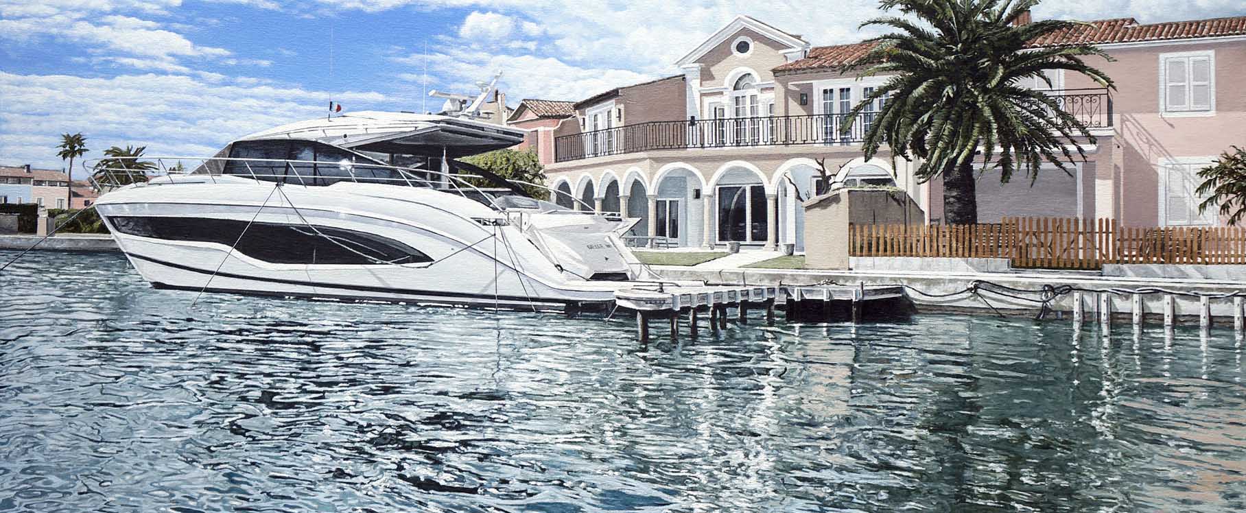 photorealistic painting of a luxury boat at Port Grimaud near Saint-Tropez on the French Riviera a town of wealth beauty and prestige