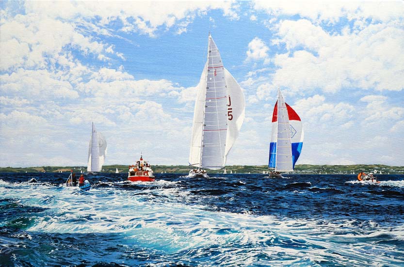 A photorealistic painting of J Class racing yachts by Mark Woollacott