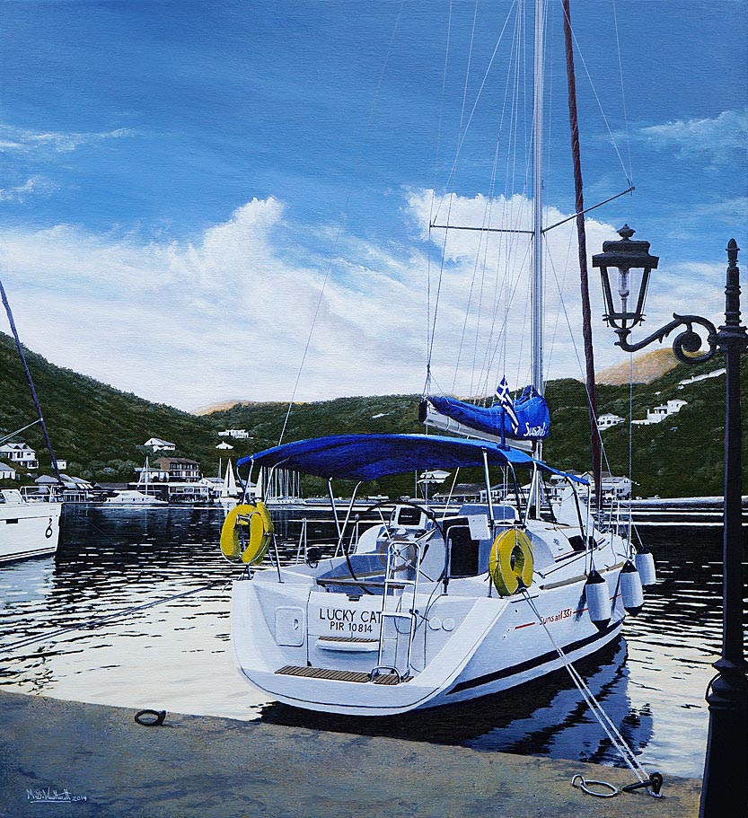 Lucky Cat yacht painting by Mark Woollacott, marine fine art maritime artists