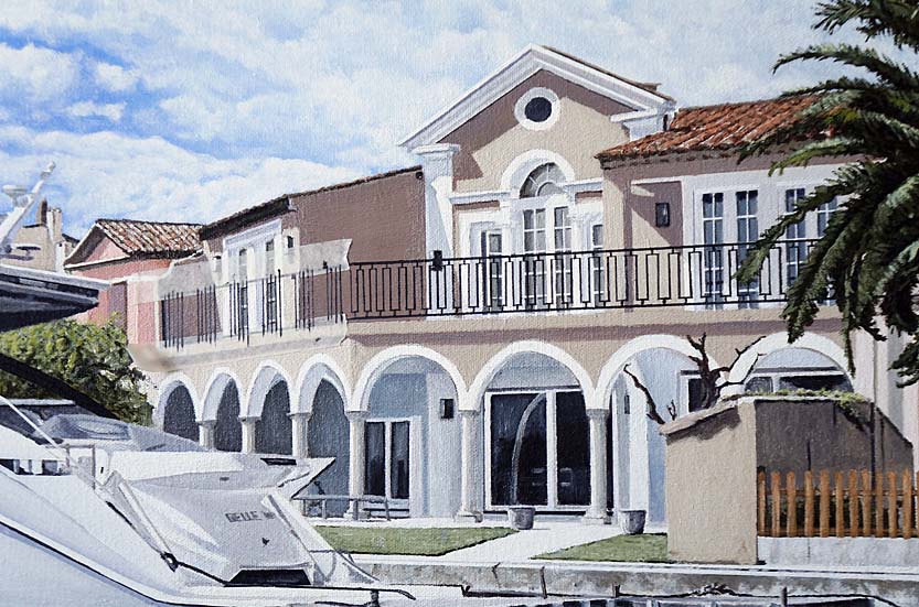 detail from a painting of a luxury yacht and home at Port Grimaud Saint-Tropez on the French Riviera by contemporary maritime artist Mark Woollacott