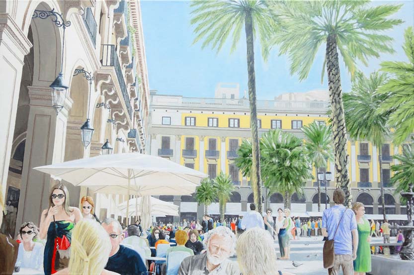 Placa Reial Barcelona Catalonia Spain painting featuring Spanish architecture near La Rambla by artist Mark Woollacott