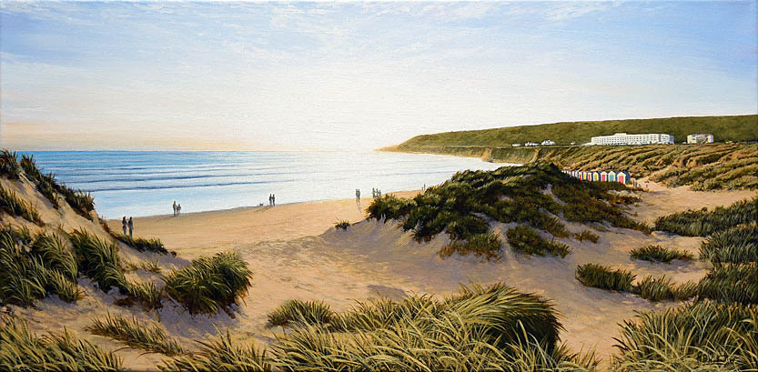 Saunton beach coastal painting featuring the Brends Saunton Sands Hotel by North Devon seascape artist Mark Woollacott