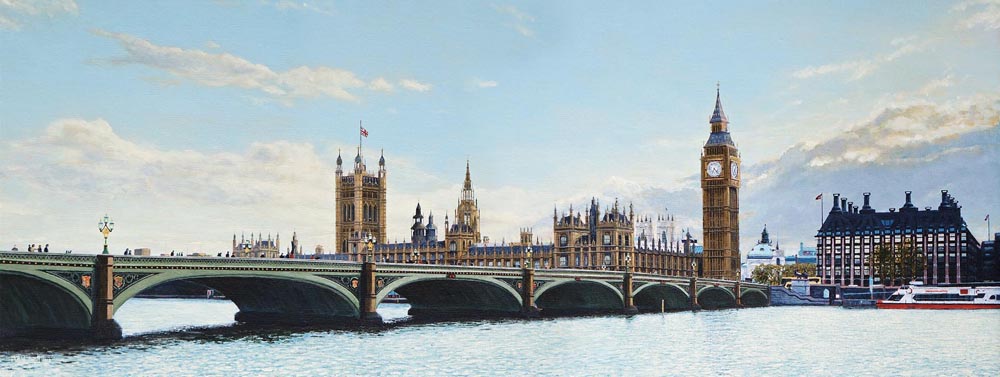 realistic painting of the Houses of Parliament by fine artist Mark Woollacott