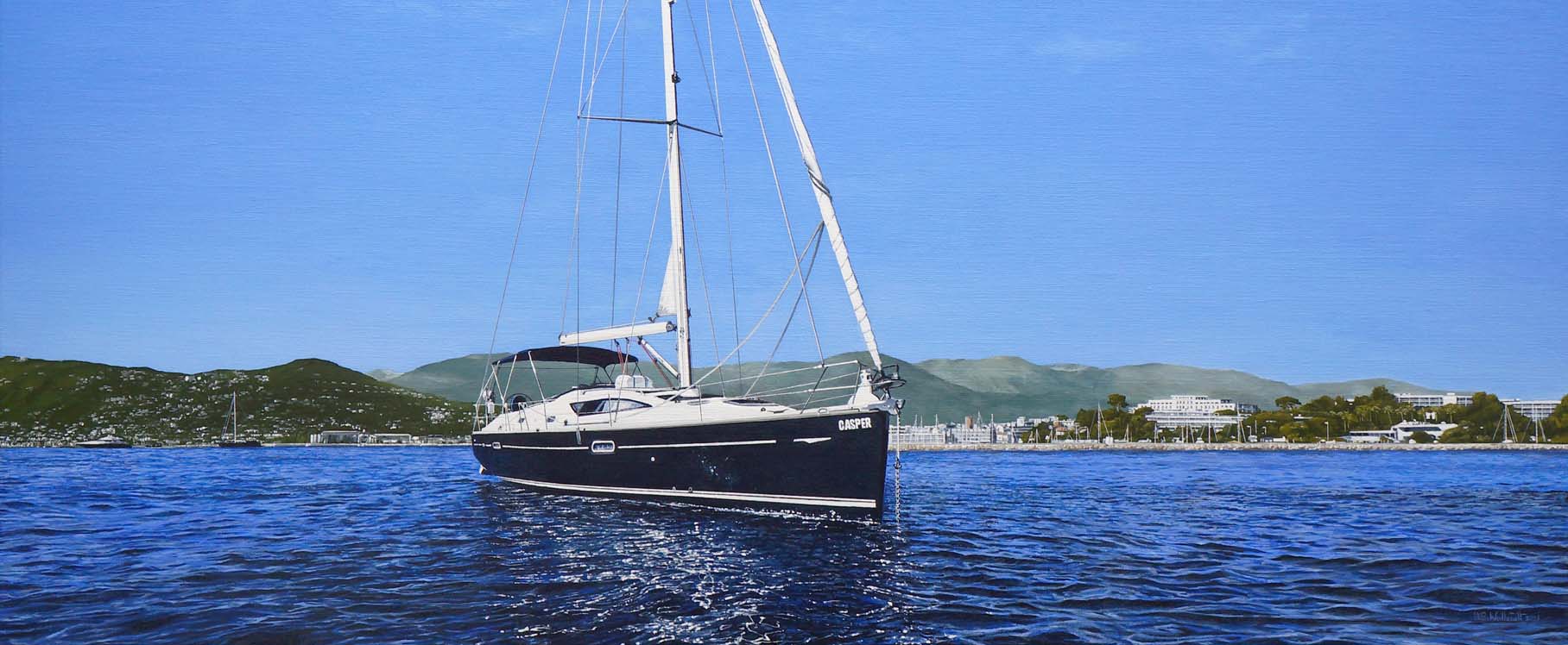 image of a Jeanneau Sun Odyssey 42DS yacht depicted in a painting by UK marine artist Mark Woollacott